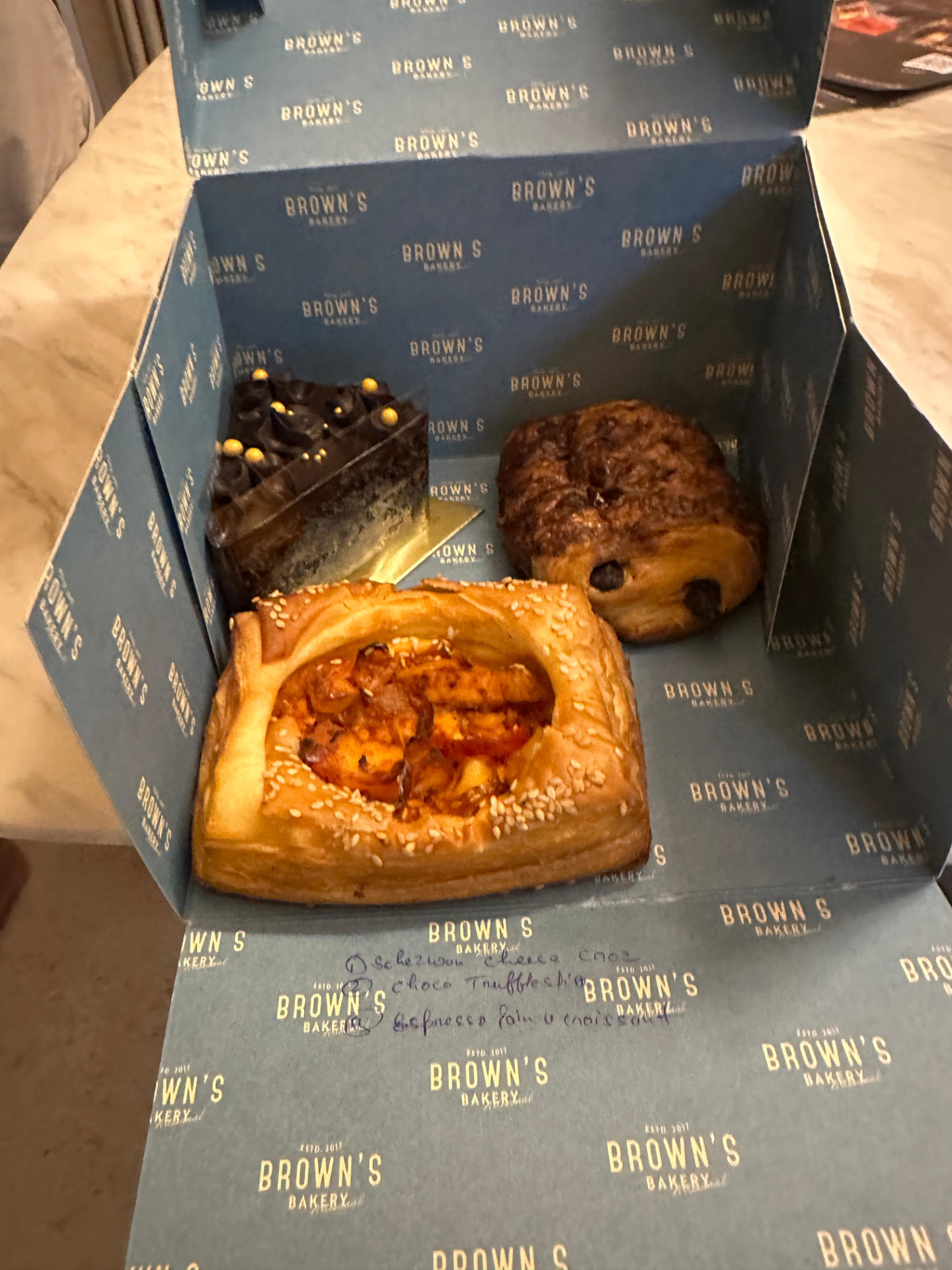 Schezwan cheese danish, choco truffle slice and espresso pain au croissant