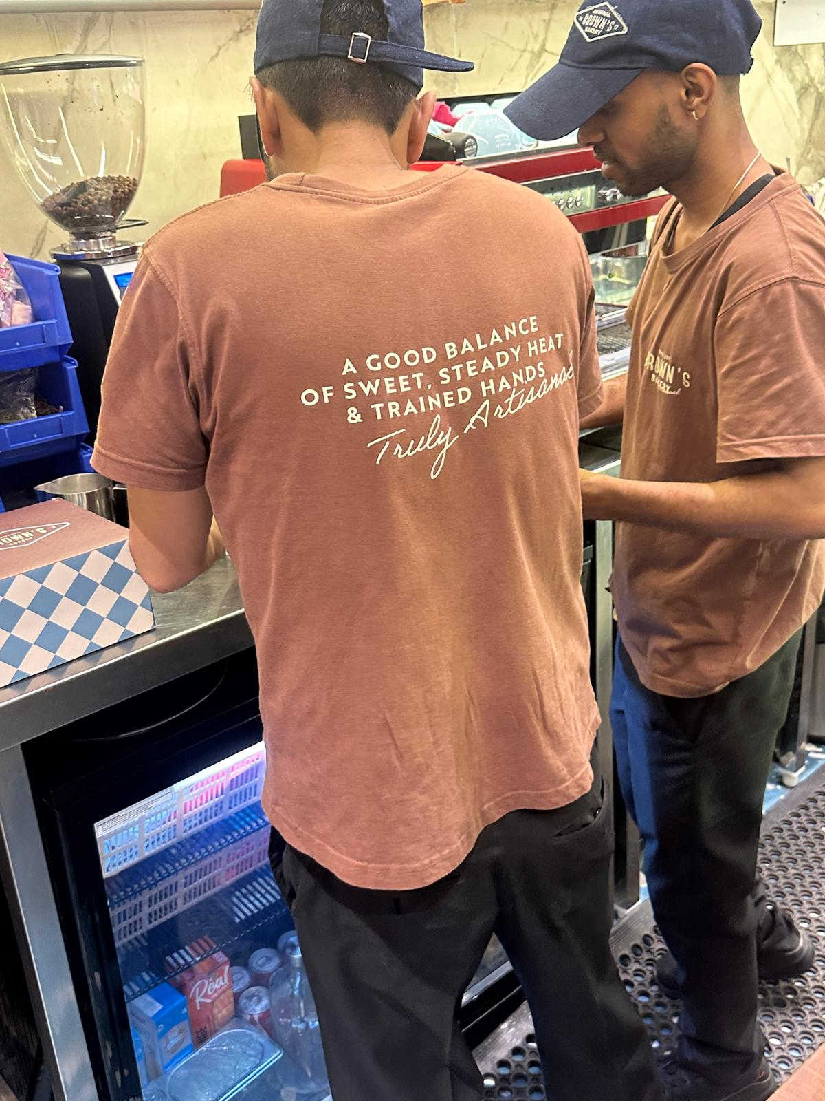 Brown's Bakery tee reading: a good balance of sweet, steady heat and trained hands